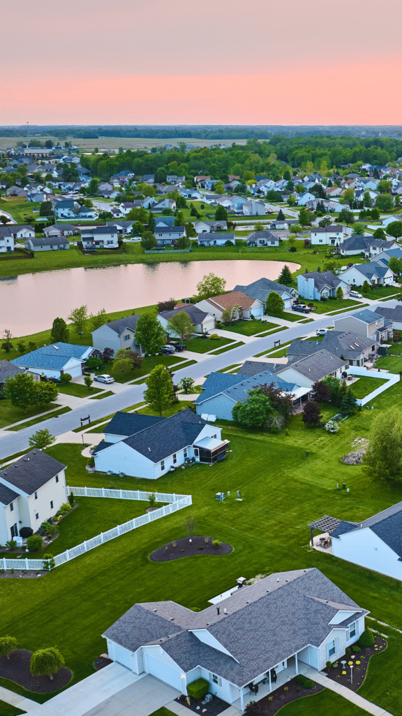 Aerial imagery of a neighborhood.
